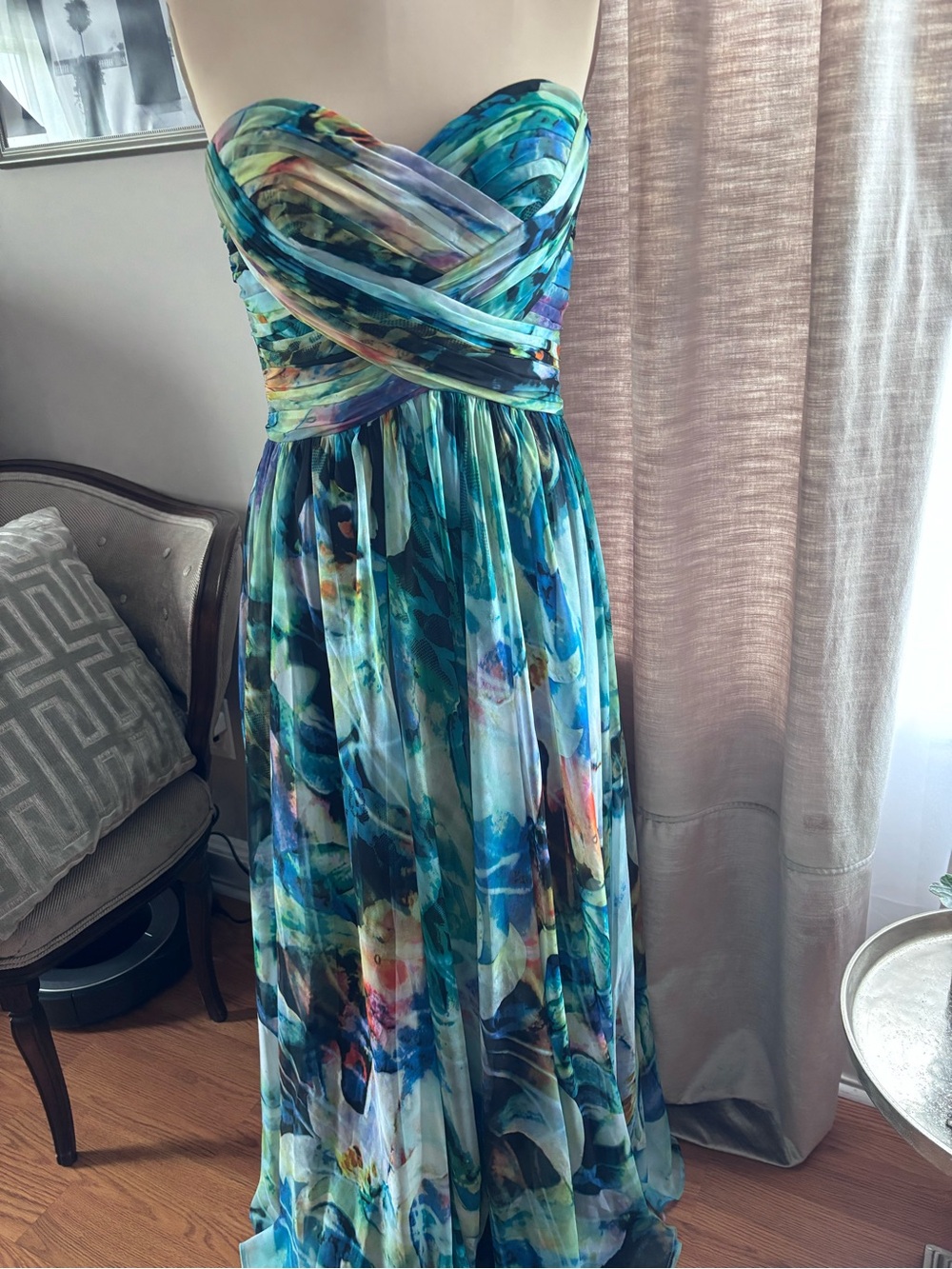 La Femme Strapless Watercolor Chiffon Formal Evening Gown Prom Dress 10